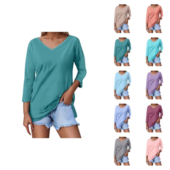 3/4 Length Sleeve Womens Tops 2026 Spring Trendy Basic V Neck Plain Casual Tunic Tshirt Womens Blouses