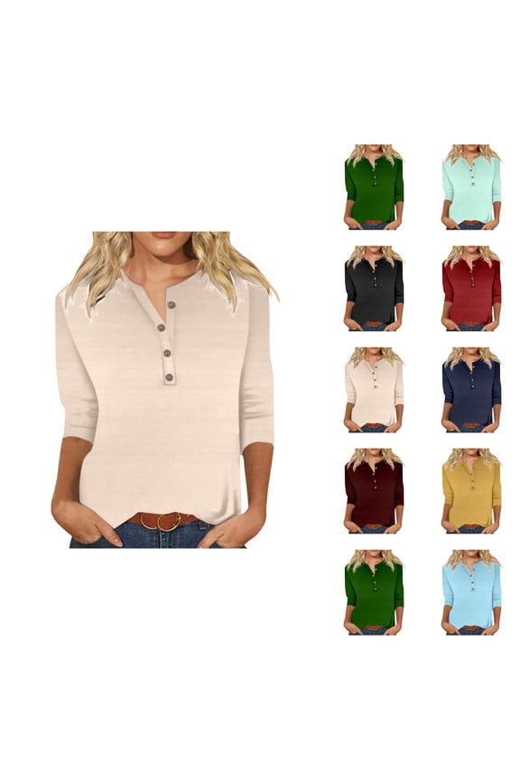 3/4 Length Sleeve Womens Tops 2026 Spring Trendy Casual Basic V Neck Plain Work Tshirt Womens Blouses