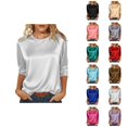 thumbnail image 1 of 3/4 Length Sleeve Womens Tops 2026 Spring Trendy Casual Satin Crewneck Soft Basic Tshirt Womens Blouses, 1 of 9