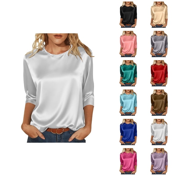 3/4 Length Sleeve Womens Tops 2026 Spring Trendy Casual Satin Crewneck Soft Basic Tshirt Womens Blouses