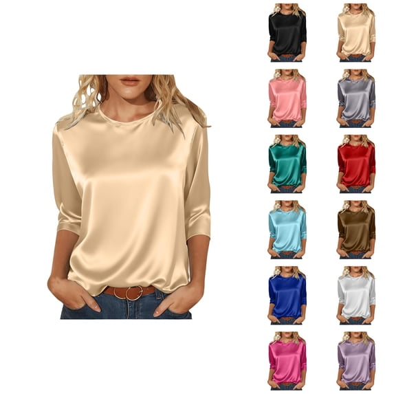 3/4 Length Sleeve Womens Tops 2026 Spring Trendy Casual Satin Crewneck Soft Basic Tshirt Womens Blouses