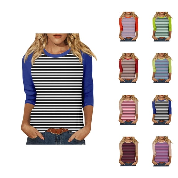 3/4 Length Sleeve Womens Tops 2026 Spring Trendy Casual Striped Color Block Crewneck Tshirt Womens Blouses