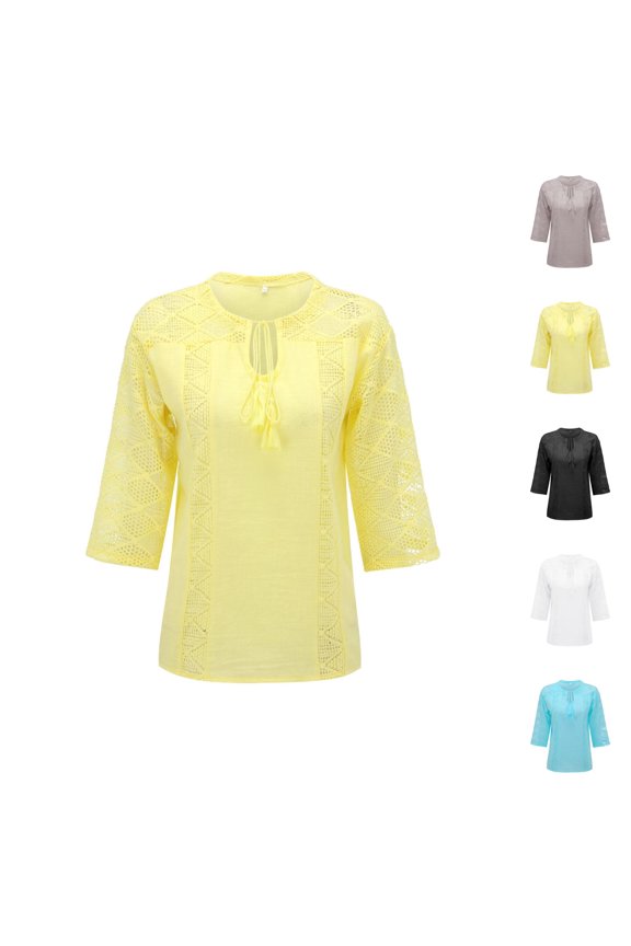 3/4 Length Sleeve Womens Tops 2026 Spring Trendy Casual U Neck Lace Hollow out Tshirt Womens Blouses