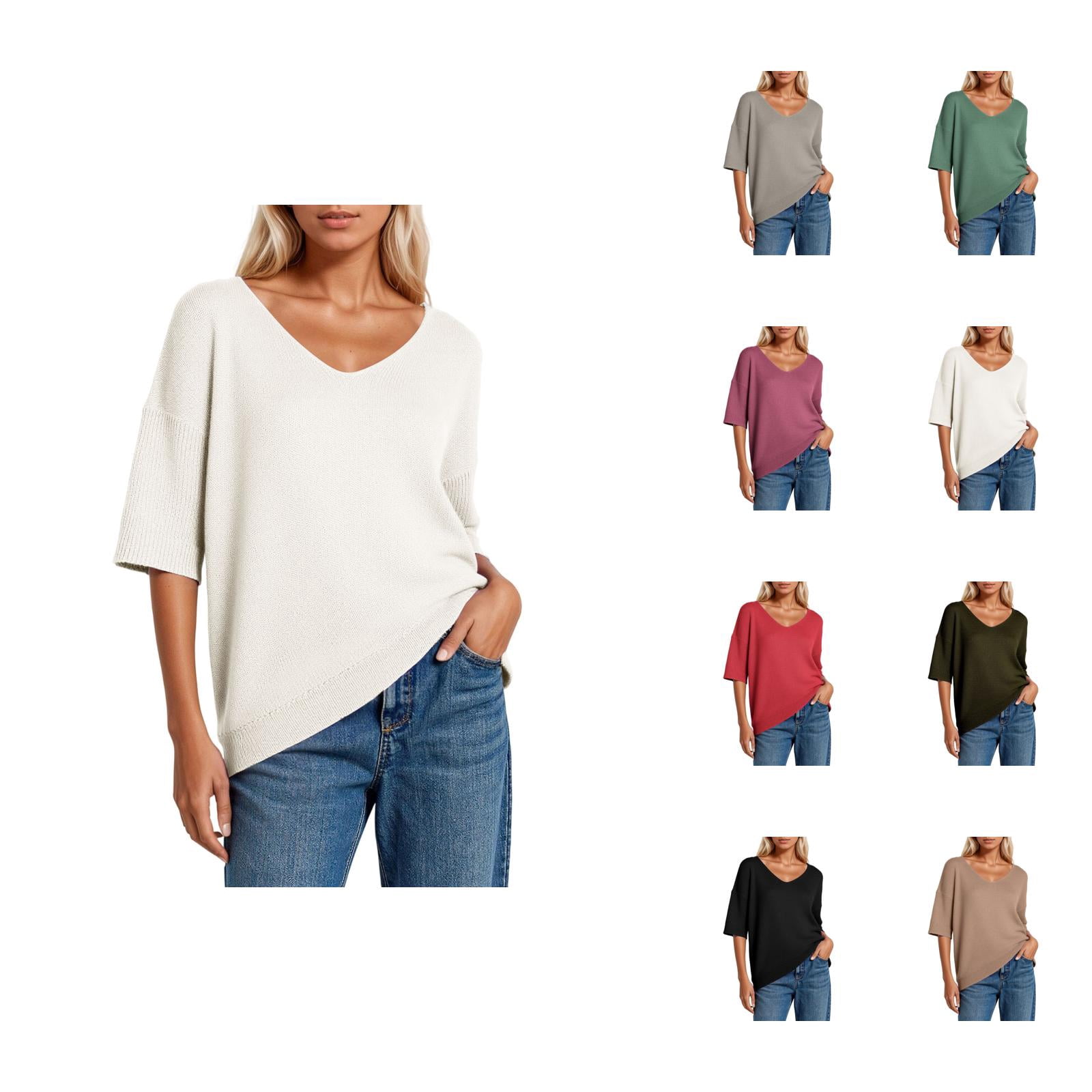 3/4 Length Sleeve Womens Tops 2026 Spring Trendy Casual V Neck Slim Fit ...