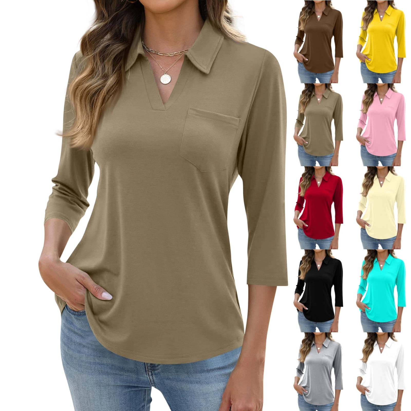 3/4 Length Sleeve Womens Tops 2026 Summer Collared Polo Shirts V Neck ...