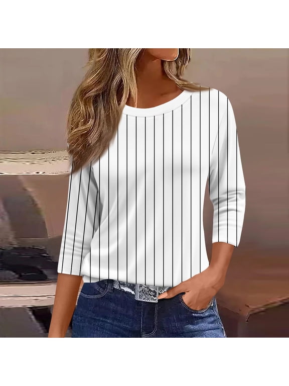 3/4 Length Sleeve Womens Tops Summer Crew Neck Shirts Three Quarter Sleeve Petite Tshirts