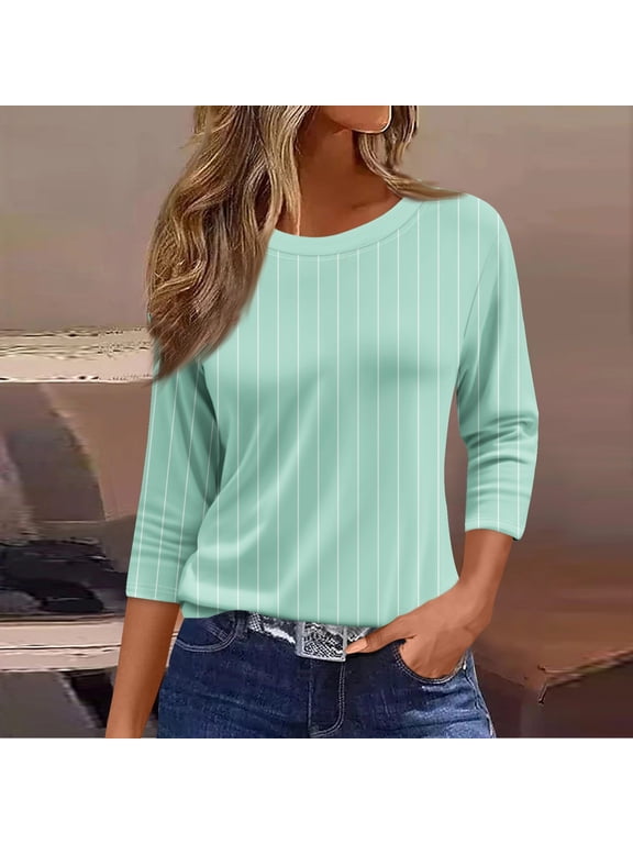 3/4 Length Sleeve Womens Tops Summer Crew Neck Shirts Three Quarter Sleeve Petite Tshirts