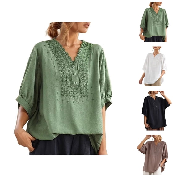 3/4 Length Sleeve Womens Tops 2026 Trendy Casual Boho Vintage Lace V Neck Loose Plain Tshirt Womens Blouses