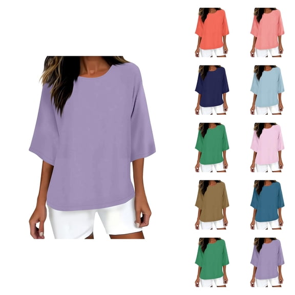 3/4 Length Sleeve Womens Tops 2026 Trendy Casual Cotton Linen Crewneck Basic Plain Tshirt Womens Blouses