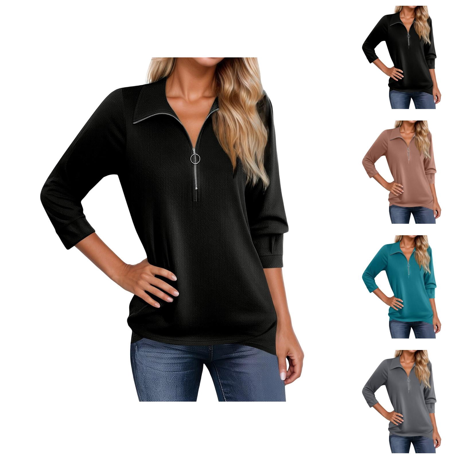 3/4 Length Sleeve Womens Tops 2026 Trendy Casual Quarter Zip Collared ...