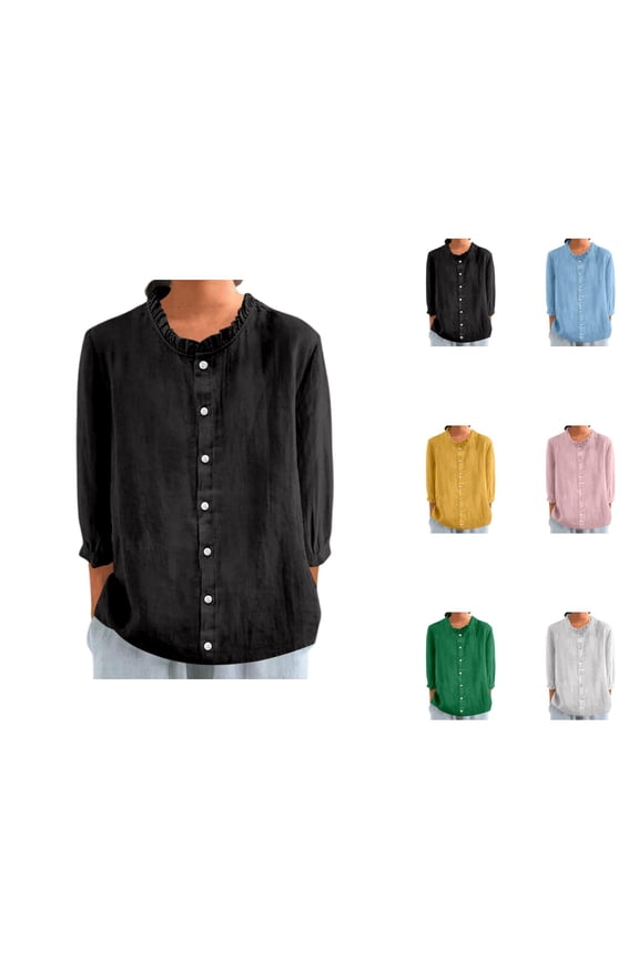 3/4 Length Sleeve Womens Tops 2026 Trendy Cute Lettuce Neckline Button Up Cotton Linen Dressy Casual Tshirt Womens Blouses