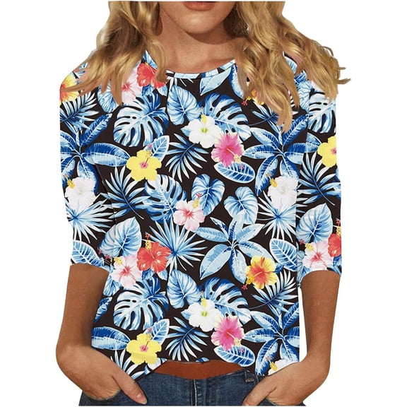 3/4 Length Sleeve Womens Tops 2026 Trendy Floral Printed Round Neck Dressy Casual T-Shirts Lightweight Cozy Regular Fit Blouses