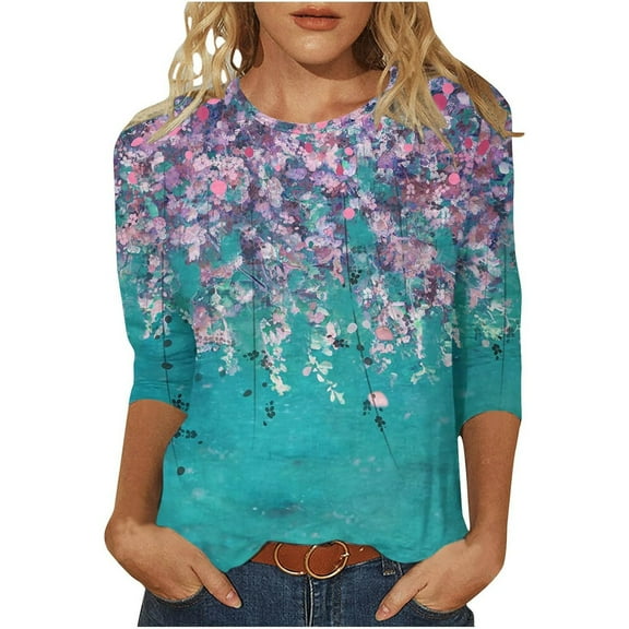 3/4 Length Sleeve Womens Tops 2026 Trendy Floral Printed Round Neck Dressy Casual T-Shirts Lightweight Cozy Regular Fit Blouses