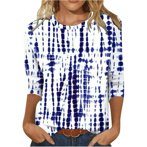 3/4 Length Sleeve Womens Tops 2026 Trendy Floral Printed Round Neck Dressy Casual T-Shirts Lightweight Cozy Regular Fit Blouses