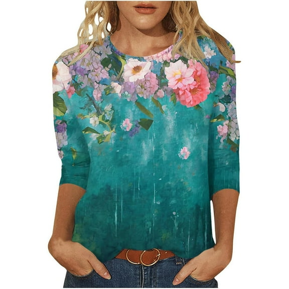 3/4 Length Sleeve Womens Tops 2026 Trendy Floral Printed Round Neck Dressy Casual T-Shirts Lightweight Cozy Regular Fit Blouses