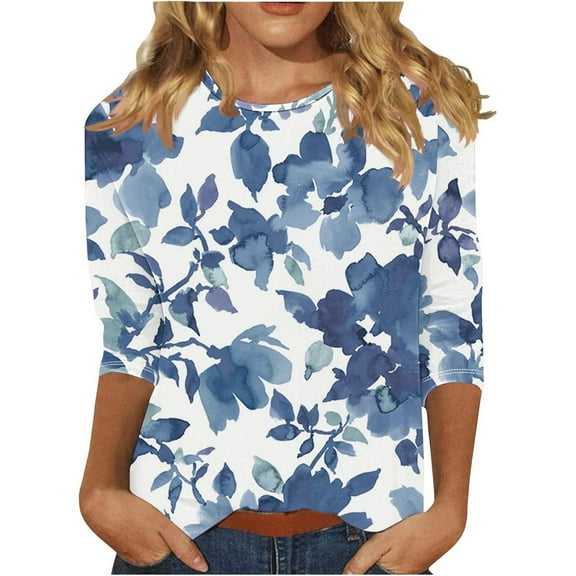 3/4 Length Sleeve Womens Tops 2026 Trendy Floral Printed Round Neck Dressy Casual T-Shirts Lightweight Cozy Regular Fit Blouses