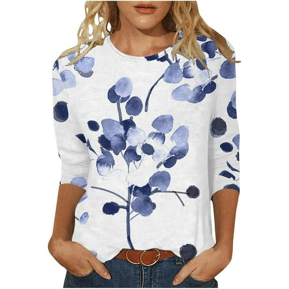 3/4 Length Sleeve Womens Tops 2026 Trendy Floral Printed Round Neck Dressy Casual T-Shirts Lightweight Cozy Regular Fit Blouses