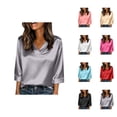 thumbnail image 1 of 3/4 Length Sleeve Womens Tops 2026 Trendy Satin V Neck Loose Dressy Casual Office Tshirt Womens Blouses, 1 of 7