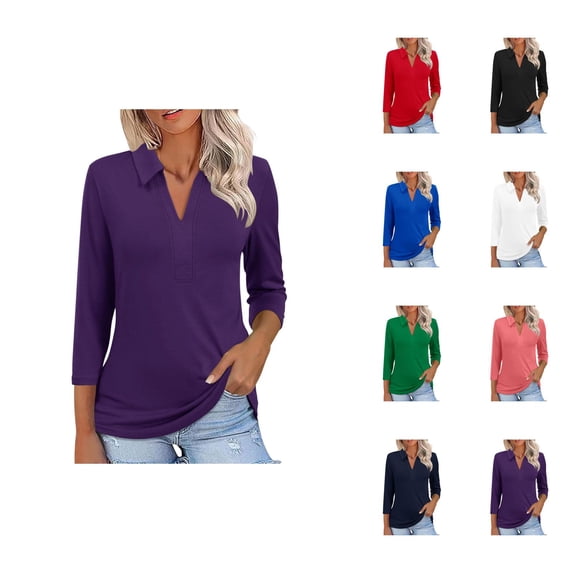 3/4 Length Sleeve Womens Tops 2026 Trendy V Neck Lapel Collar Slim Fit Plain Office Tshirt Womens Blouses
