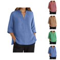 thumbnail image 1 of 3/4 Length Sleeve Womens Tops 2026 Trendy V Neck Loose Casual Cotton Linen Plain Tshirt Womens Blouses, 1 of 6