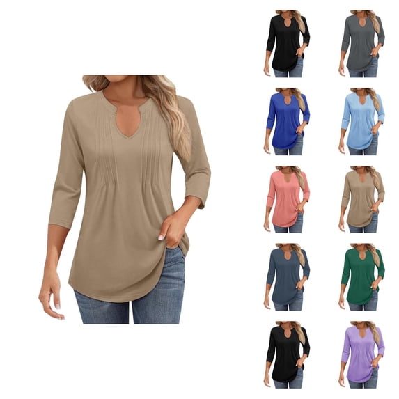 3/4 Length Sleeve Womens Tops 2026 Trendy V Neck Pleated Front Tunic Dressy Casual Work Shirt Womens Blouses