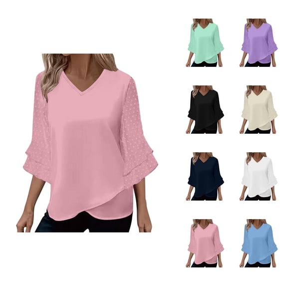 3/4 Length Sleeve Womens Tops 2026 Trendy V Neck Swiss Dots Asymmetrical Hem Loose Dressy Casual Blouse