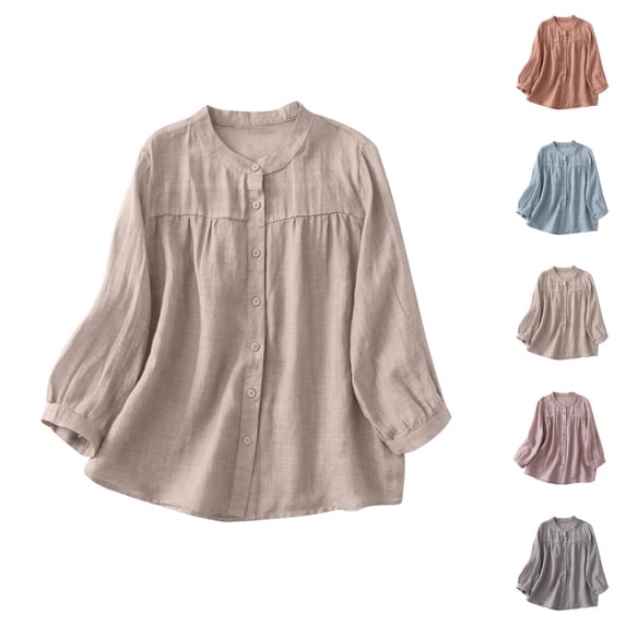 3/4 Length Sleeve Womens Tops 2026 Trendy Vintage Cotton Linen Button Down Loose Cardigan Tshirt Womens Blouses