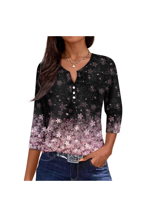 3/4 Length Sleeve Womens Tops 3/4 Sleeve Henley Shirts Casual Button Down Blouse Tees with Pocket