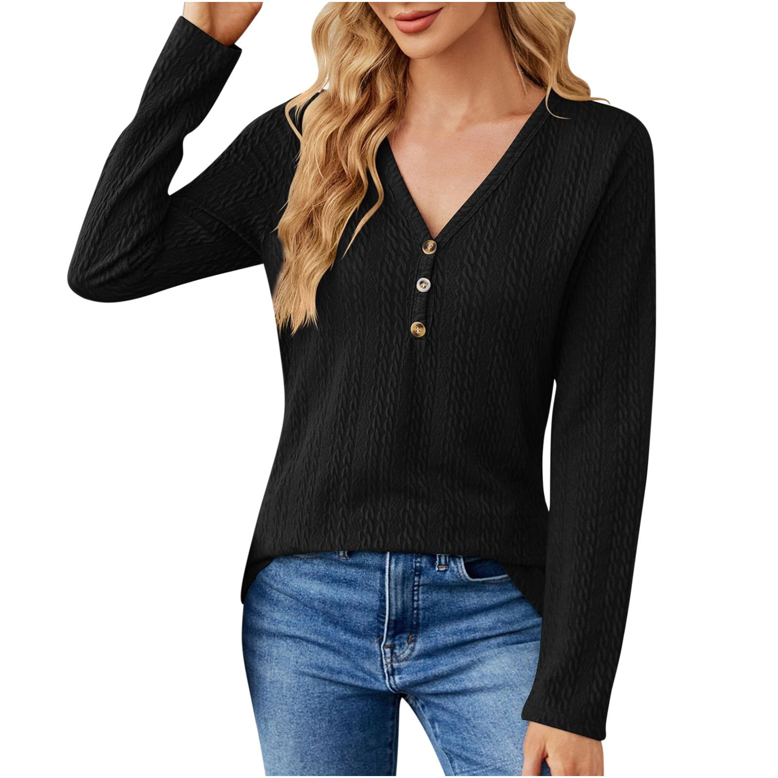 3/4 Length Sleeve Womens Tops Black V Neck Button Loose Long Sleeve T