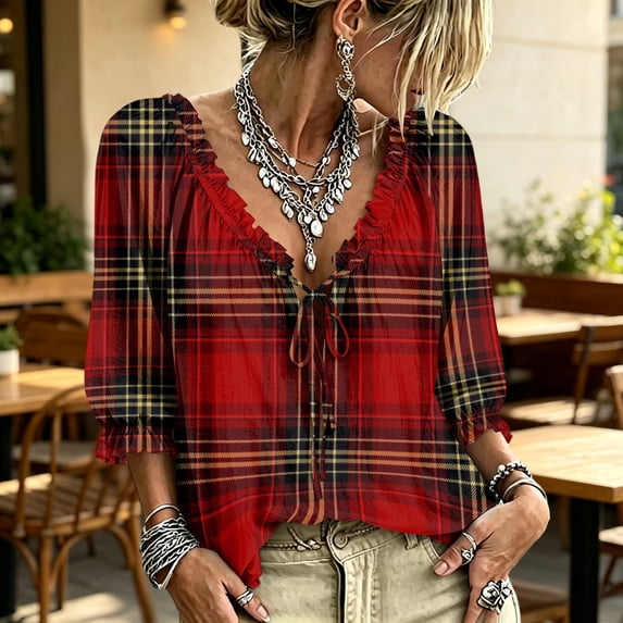 3/4 Length Sleeve Womens Tops Boho Tops V Neck Casual Vacation Clothes Ruffle Trim Casual Loose Flowy Dressy Shirts