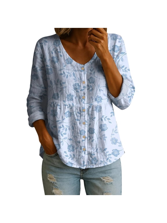 3/4 Length Sleeve Womens Tops Boho Tops for Women Womens Tops Work Tops Summer Blouses Summer Shirts Linen Shirts Blouses for Women Dressy Casual Plus Size Summer Tops Plus Size Tunic Tops Blue S