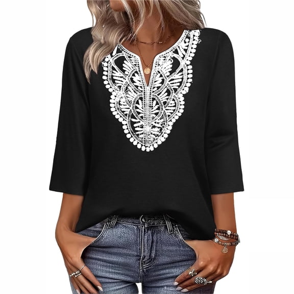 3/4 Length Sleeve Womens Tops Boho V Neck Lace Shirts Trendy Blouses Dressy Casual Vacation Clothes Black S