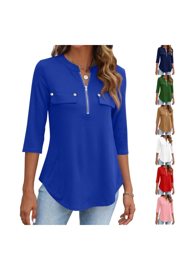 3/4 Length Sleeve Womens Tops Business Casual Zip Front V Neck Shirt Loose Fit Work Tunic Blouse Pink 2XL