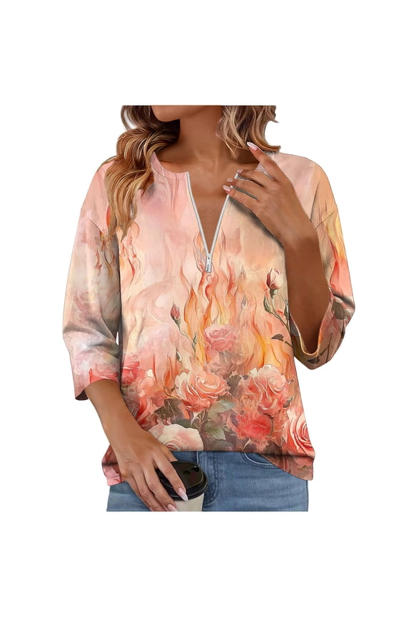 3/4 Length Sleeve Womens Tops Business Casual Zip Front V Neck Shirt Loose Fit Work Tunic Blouse Zip Front V Neck Top