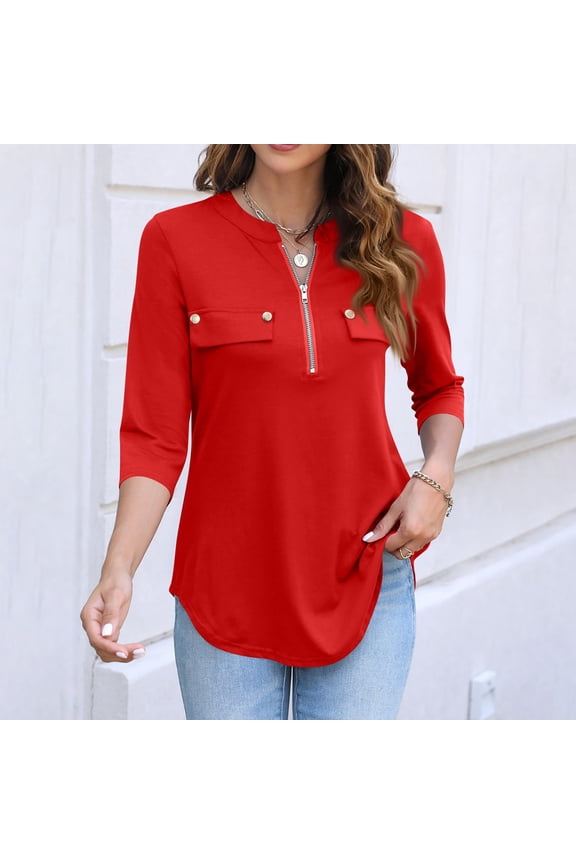 3/4 Length Sleeve Womens Tops Business Casual Zip Front V Neck Shirt Loose Fit Work Tunic Blouse