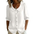 thumbnail image 1 of 3/4 Length Sleeve Womens Tops Button Down V Neck Summer Shirts Casual Slim Fit Peter Pan Collar Shirt, 1 of 6