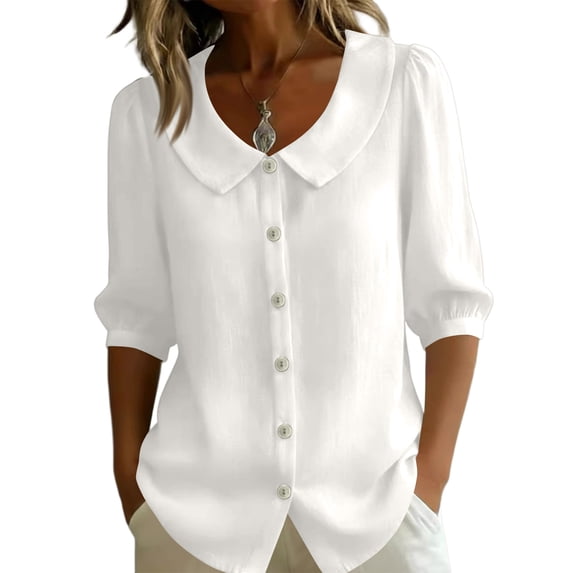 3/4 Length Sleeve Womens Tops Button Down V Neck Summer Shirts Casual Slim Fit Peter Pan Collar Shirt