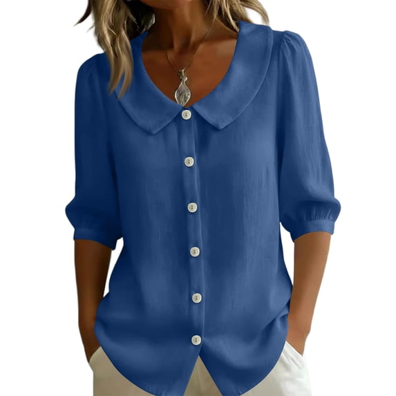 3/4 Length Sleeve Womens Tops Button Down V Neck Summer Shirts Casual Slim Fit Peter Pan Collar Shirt