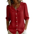 thumbnail image 1 of 3/4 Length Sleeve Womens Tops Button Down V Neck Summer Shirts Casual Slim Fit Peter Pan Collar Shirt, 1 of 6