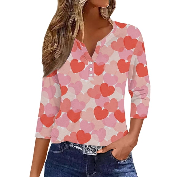 3/4 Length Sleeve Womens Tops Button Down Tops Loose Fit T Shirts Henley V Neck Tunic Tops Cute Love Heart Print Graphic Tee Comfy Tee Casual Henley Neck Plus Size Shirt With Button S-3Xl