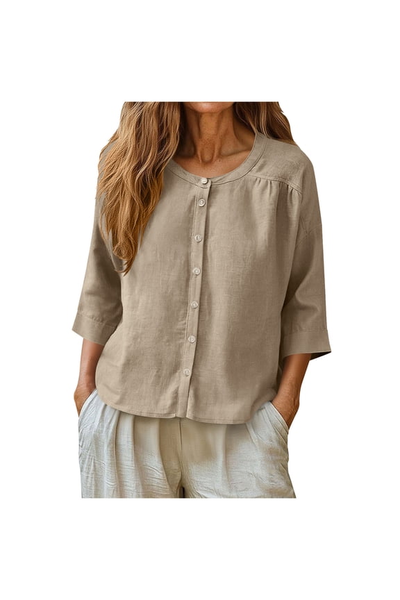 3/4 Length Sleeve Womens Tops Casual Cotton Linen T-Shirts Boat Neck Button Down Top Solid Color Summer Blouses Senior Clothes
