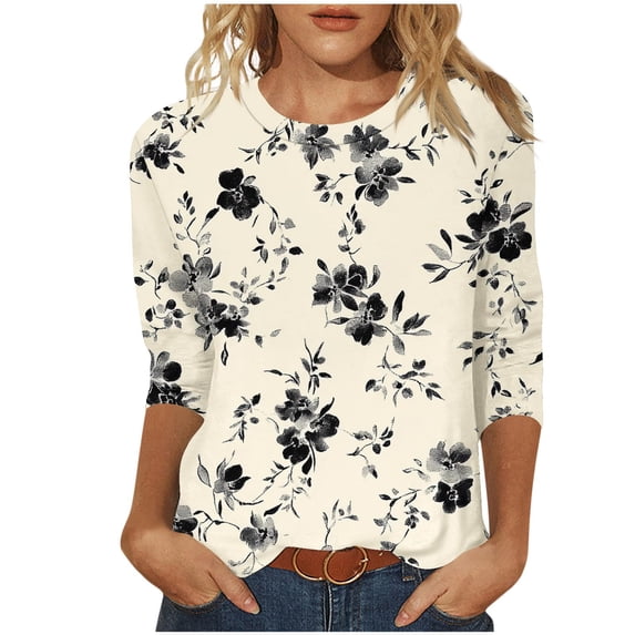 3/4 Length Sleeve Womens Tops Casual Print Vintage Crewneck Tshirt Plus Size Tunic Tops Loose Dressy Shirts