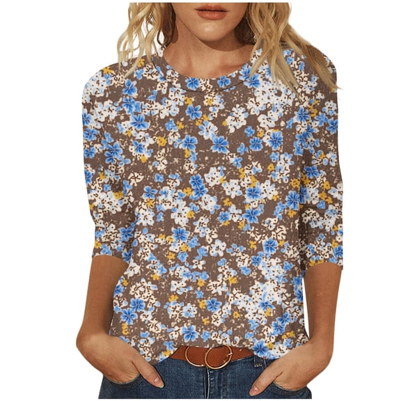 3/4 Length Sleeve Womens Tops Casual Print Vintage Crewneck Tshirt Plus Size Tunic Tops Loose Dressy Shirts
