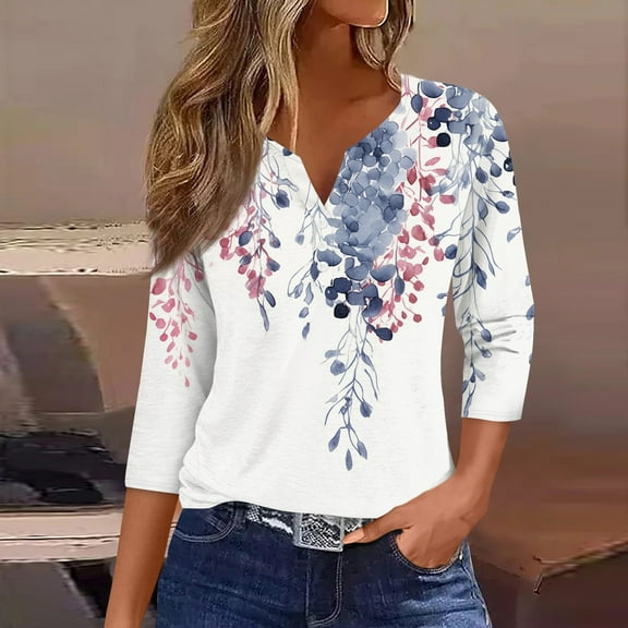 3/4 Length Sleeve Womens Tops Casual V-Neck Button Down Blouse Ladies Shirts for Spring and Summer Fashion Outfit Multicolor L