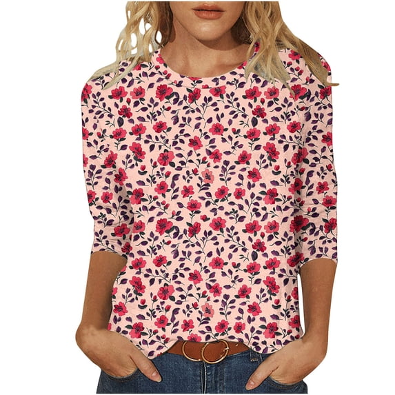 3/4 Length Sleeve Womens Tops Color Block Print Crew Neck Shirts Loose Fit Going Out Tops Business Dressy Casual Tunic Blouses 2026 Summer Basic Tees Beach Vacation Outfits