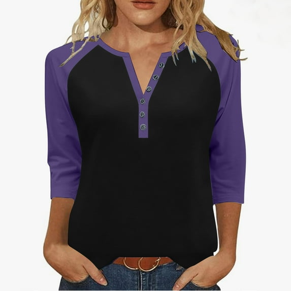 3/4 Length Sleeve Womens Tops Cotton Dressy Button V Neck Henley Shirt Casual Raglan Shirts Color Block Tunic Blouses