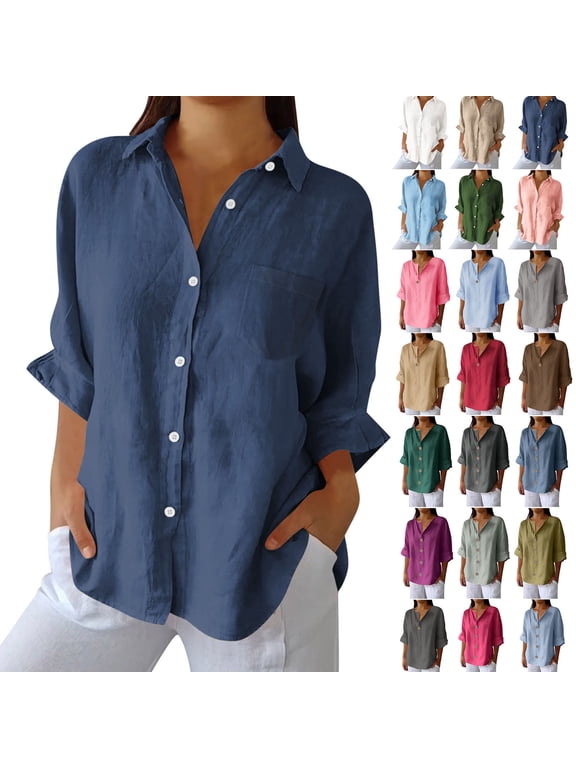 3/4 Length Sleeve Womens Tops, Cotton Dressy Casual Blouses for Women, Cotton And Linen Button Pocket Shirt Jacket T-shirt Home Casual T-shirt S