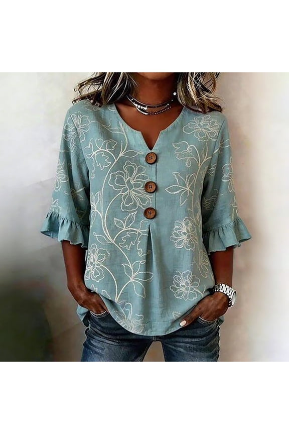 3/4 Length Sleeve Womens Tops Cotton Linen Boho Button Down Blouses Peasant Floral V Neck Henley Shirt Summer Beach Vacation Retro Floral Imitation Embroidery Print Ruffle Three-Quarter Sleeve Blouse