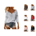 thumbnail image 1 of 3/4 Length Sleeve Womens Tops Cotton Linen Elegant Lace Off Shoulder V Neck Boho T Shirts Casual Blouse, 1 of 5