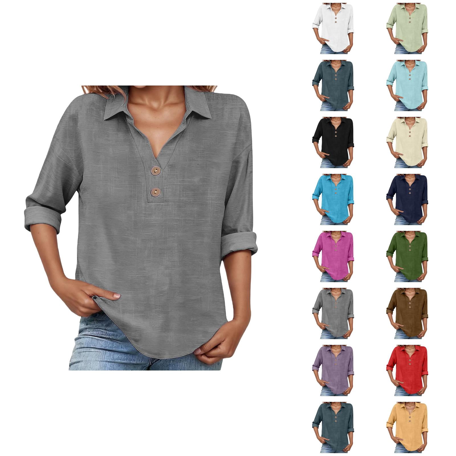 3/4 Length Sleeve Womens Tops Cotton Linen Roll Up Sleeve V Neck Lapel ...